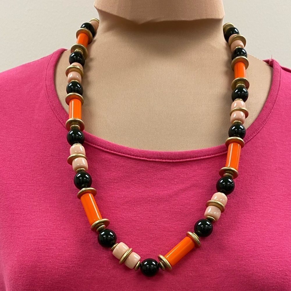 J. Crew vintage orange, black, gold, and pink beaded long necklace